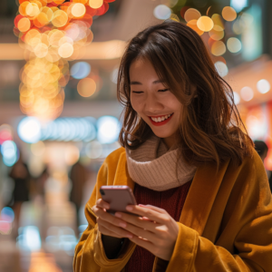 a woman smiling while looking at her phone in a mall