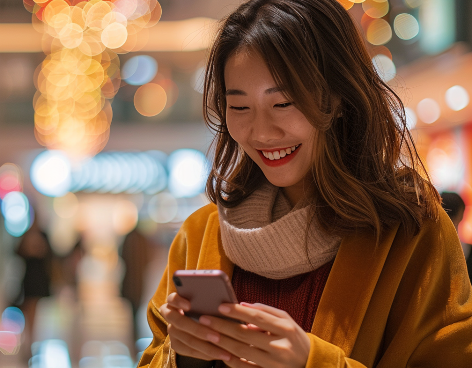 a woman smiling while looking at a digital directory on her phone in a mall