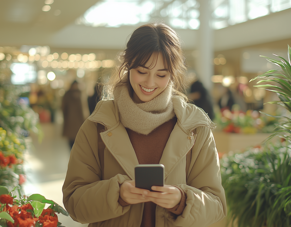 a woman navigating a shopping center using a digital map on her mobile phone