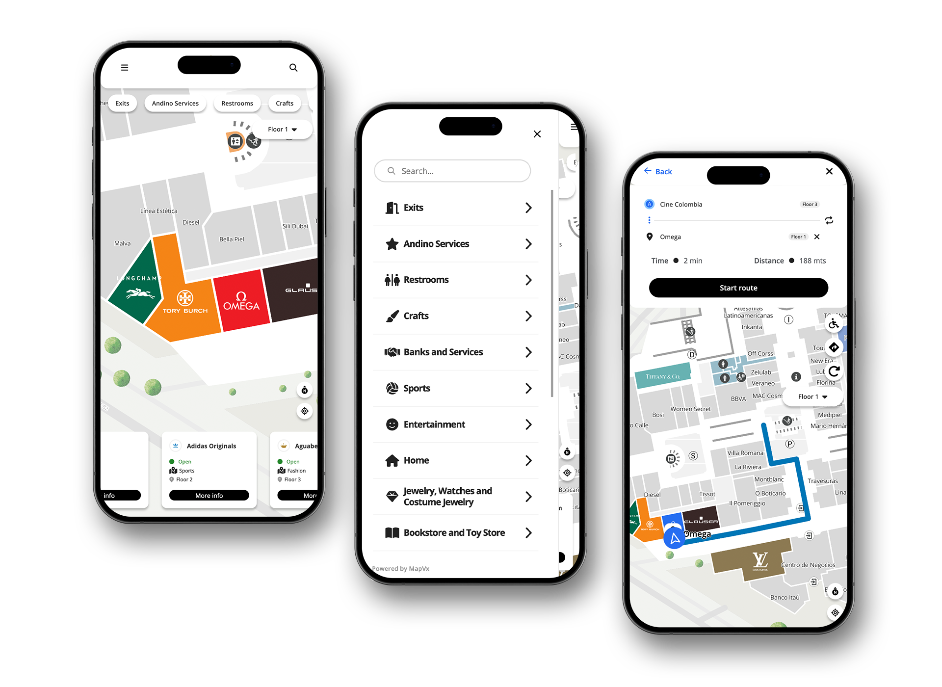 three smartphones showing digital maps being used to find stores, explore a directory, and create a route