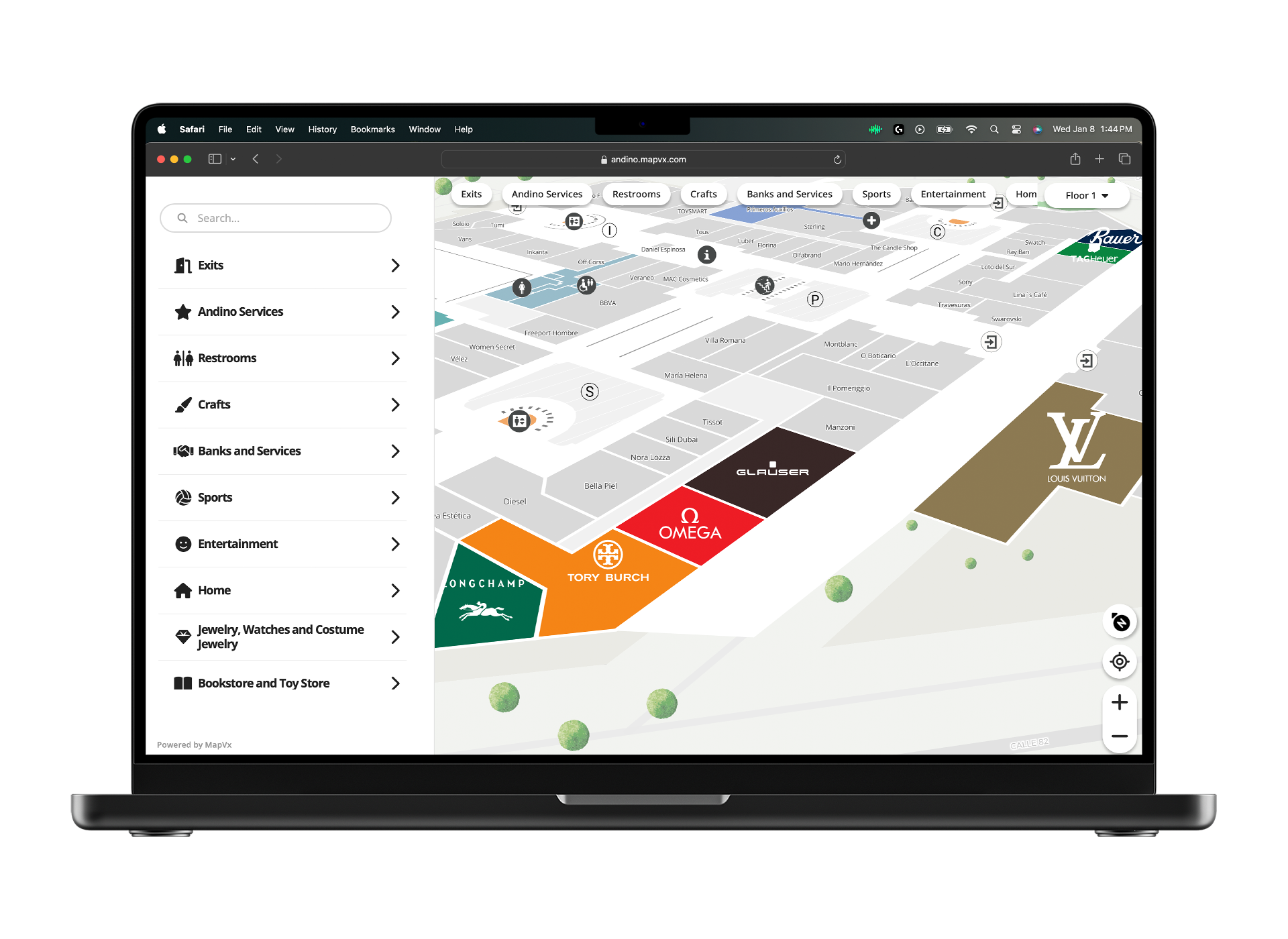 mockup of a shopping center digital map on a laptop