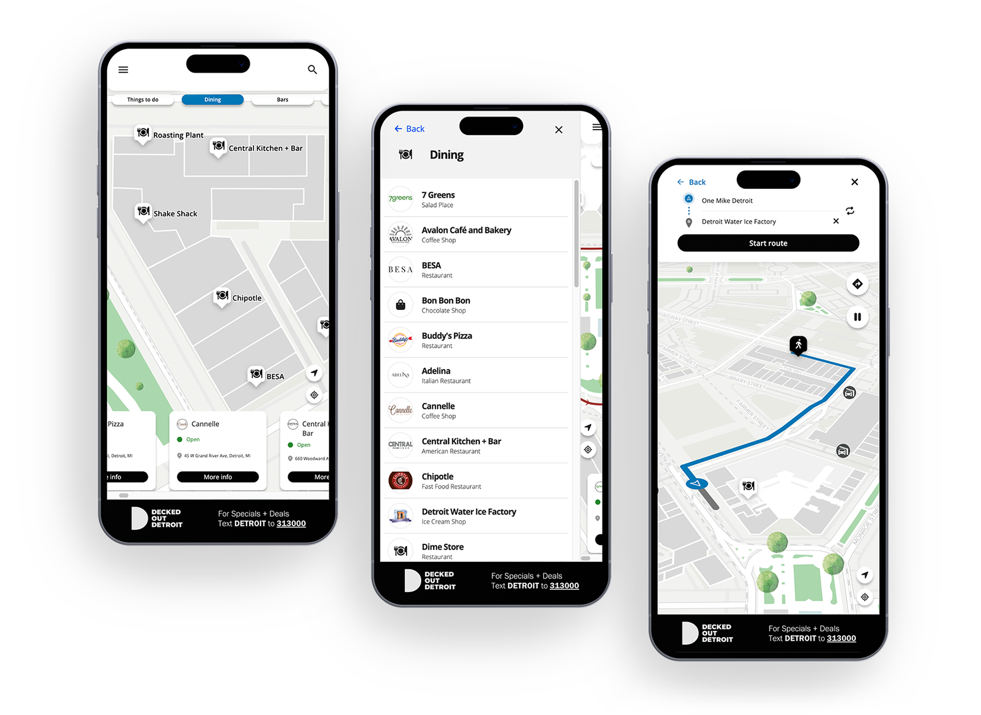 three smartphones showing digital maps being used to find locations, explore a directory, and create a route