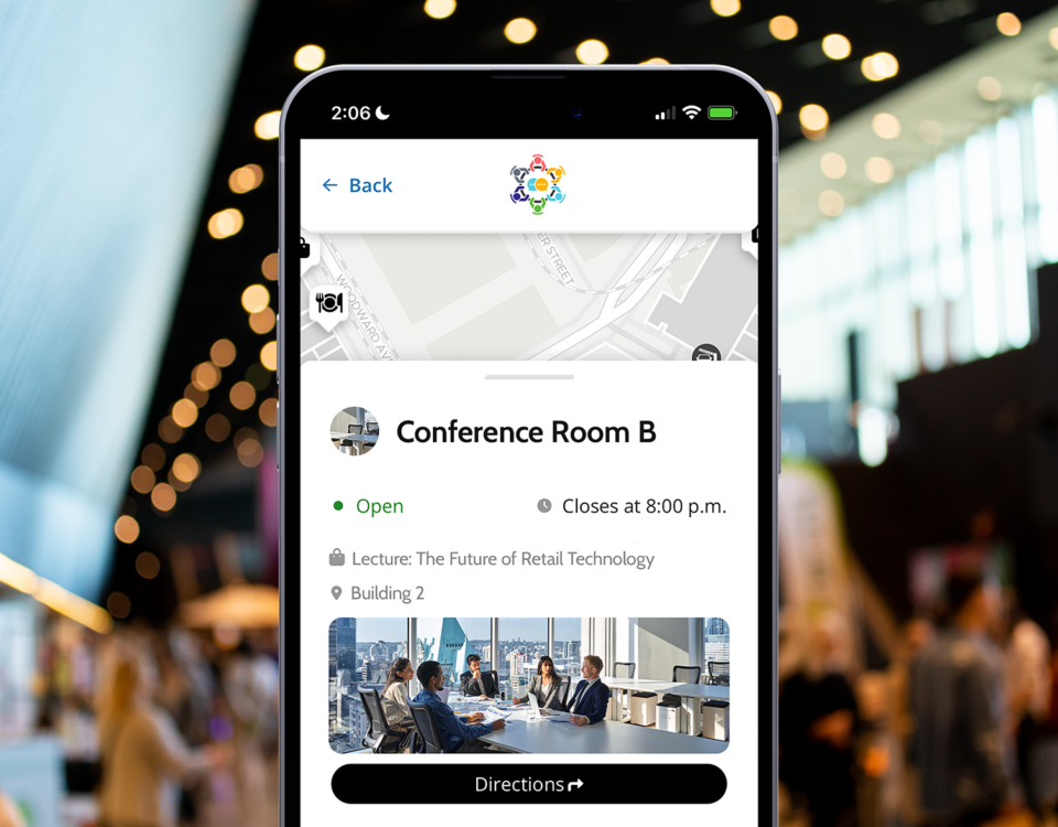 Mockup of a MapVX Personalized Mobile App being used at an event
