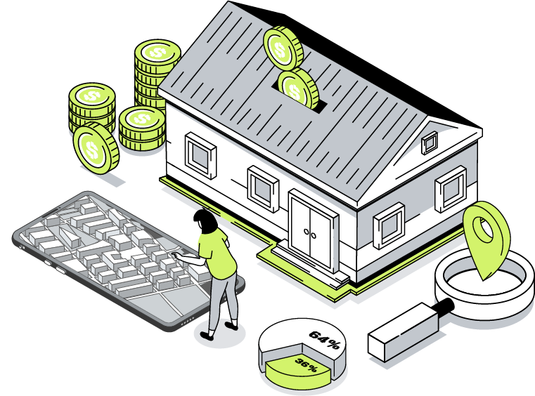 Graphic showing a person using digital maps to navigate a commercial property.